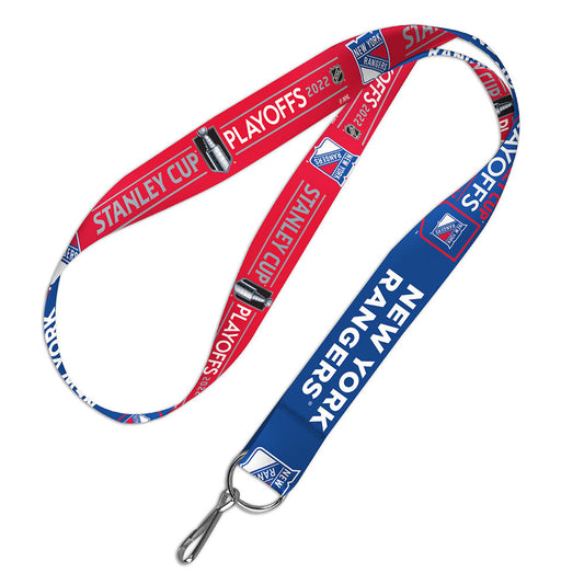 21-22 Rangers Playoff Participant Lanyard in Red and Blue - Front View