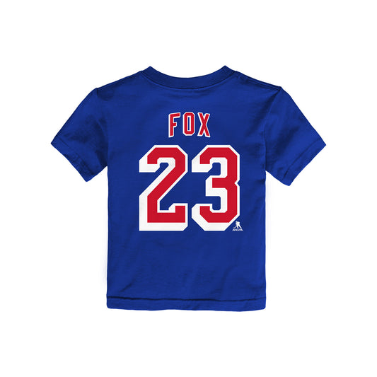 Toddler Rangers Adam Fox Name & Number Tee In Blue, Red & White - Back View