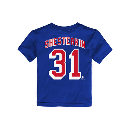 Toddler Rangers Igor Shesterkin Name & Number Tee In Blue, Red & White - Back View