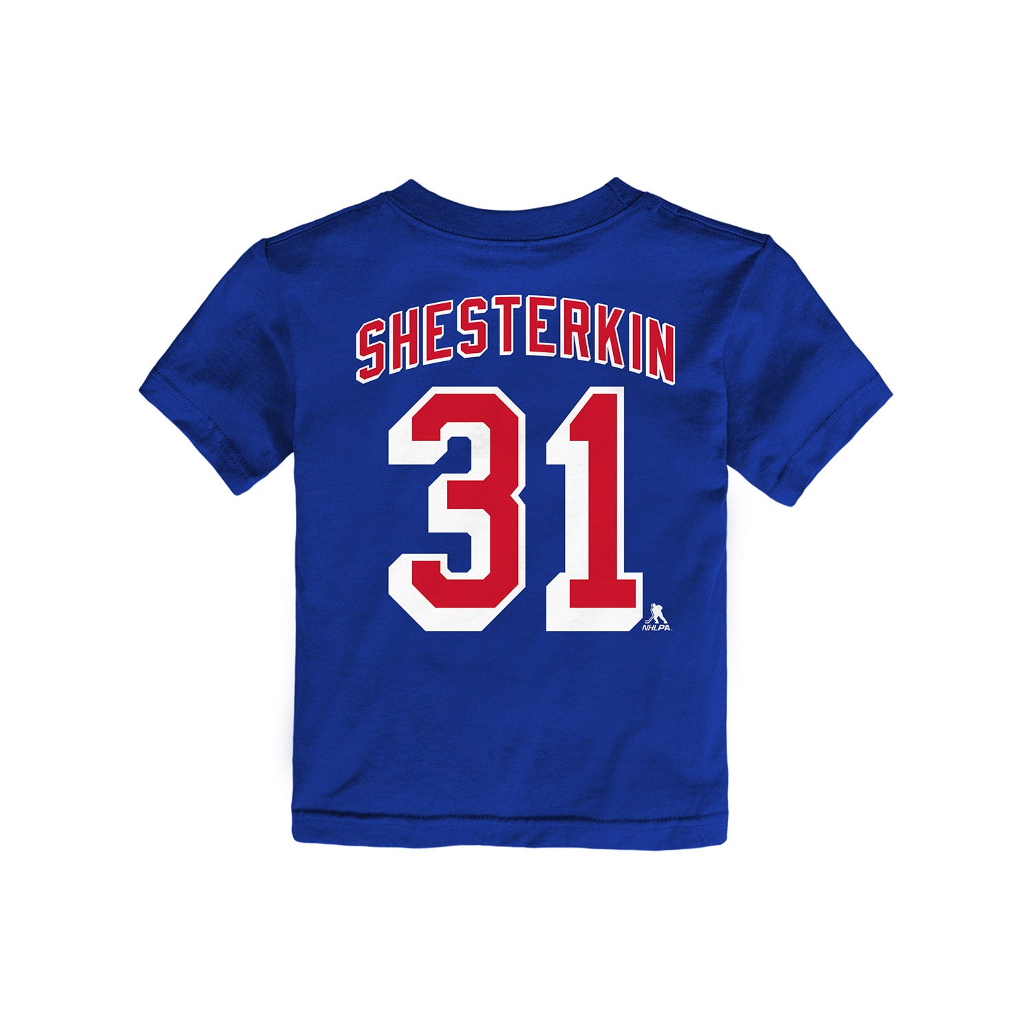 Infant Rangers Igor Shesterkin Name & Number Tee In Blue & Red - Back View
