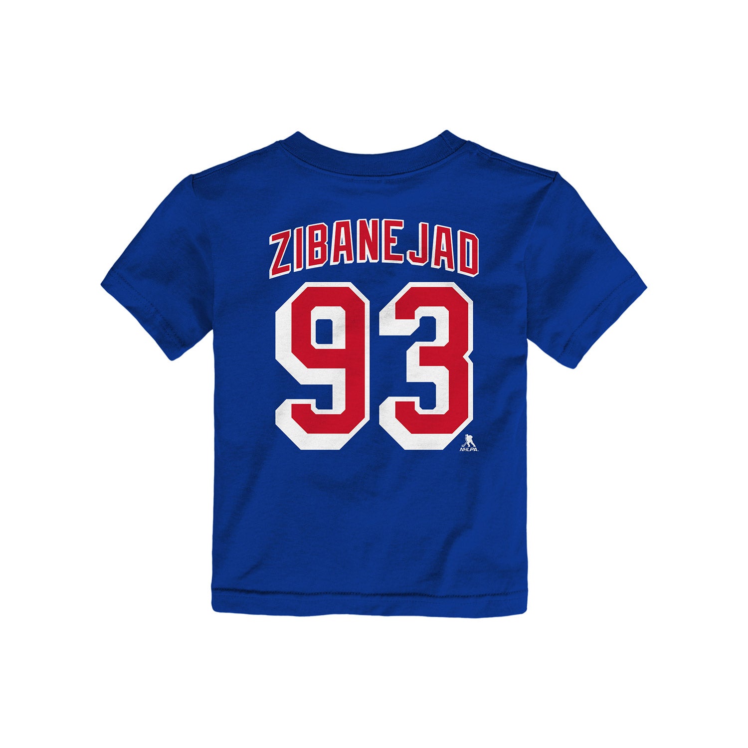 Toddler Rangers Mika Zibanejad Name & Number Tee In Blue, Red & White - Back View