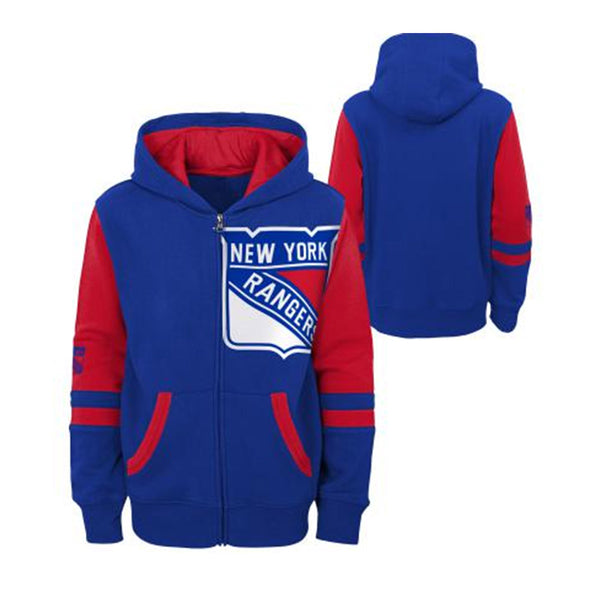 Kids Rangers Faceoff Full Zip Fleece Hoodie in Blue and Red - Front and Back View
