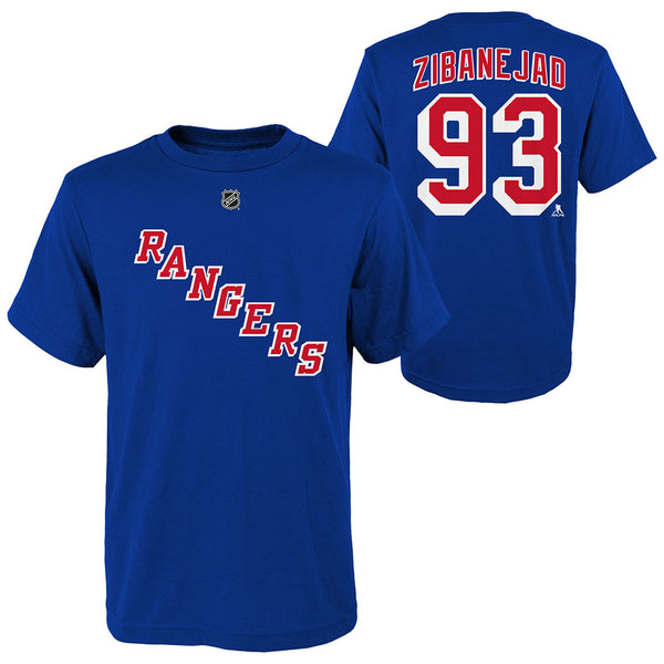 Kids Rangers Mika Zibanejad Name & Number Tee In Blue & Red - Combined Front/Back View