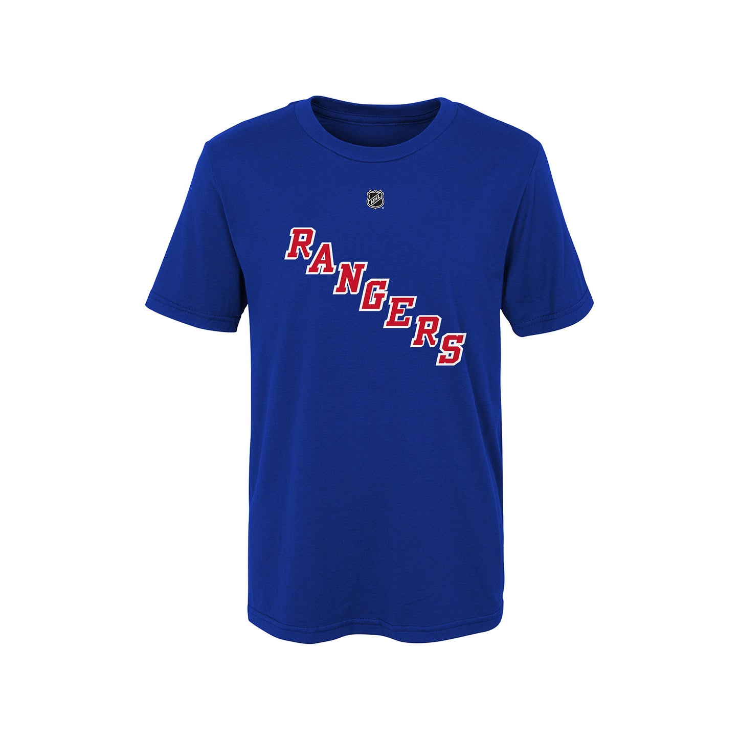 Kids Rangers Igor Shesterkin Name & Number Tee In Blue, Red & White - Front View