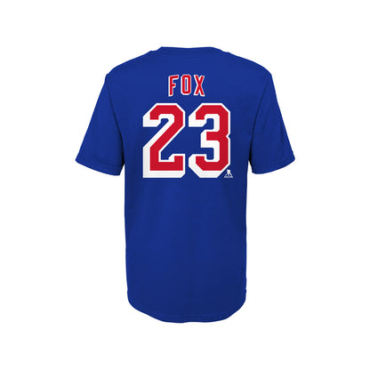 Kids Rangers Adam Fox Name & Number Tee In Blue, Red & White - Back View