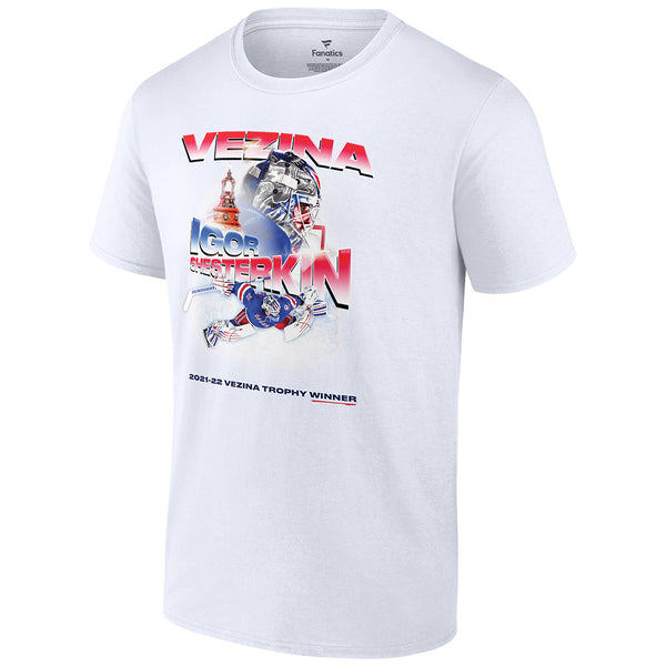 Fanatics MSG Exclusive Shesterkin Vezina Trophy Tee in White - Front View