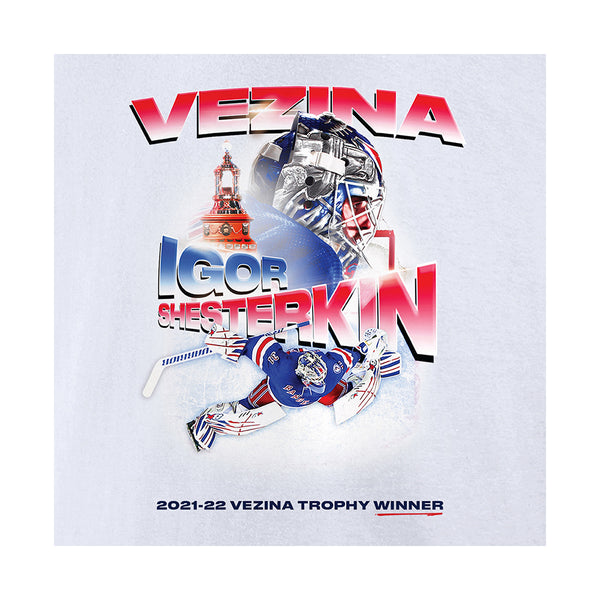 Fanatics MSG Exclusive Shesterkin Vezina Trophy Tee in White - Shirt Logo Graphic